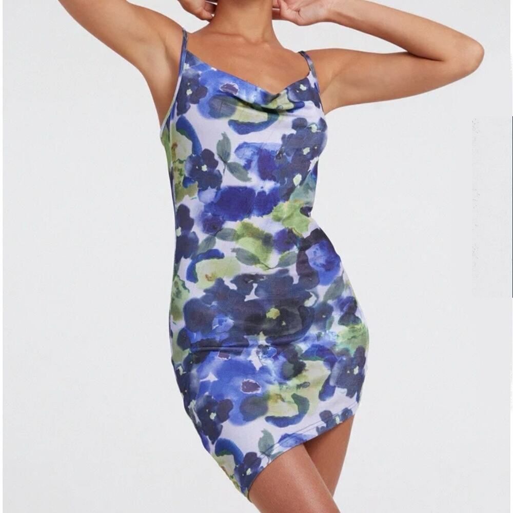 NWT Princess Polly Motel Blue Abstract Batia Bodycon Asymmetrical Dress‎ Medium